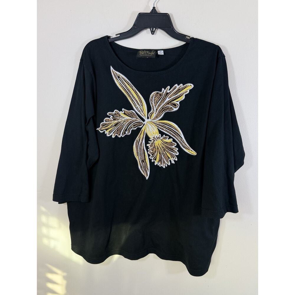 Bob Mackie Wearable Art Tunic Womens 2X Black Gold Embellished Floral Top